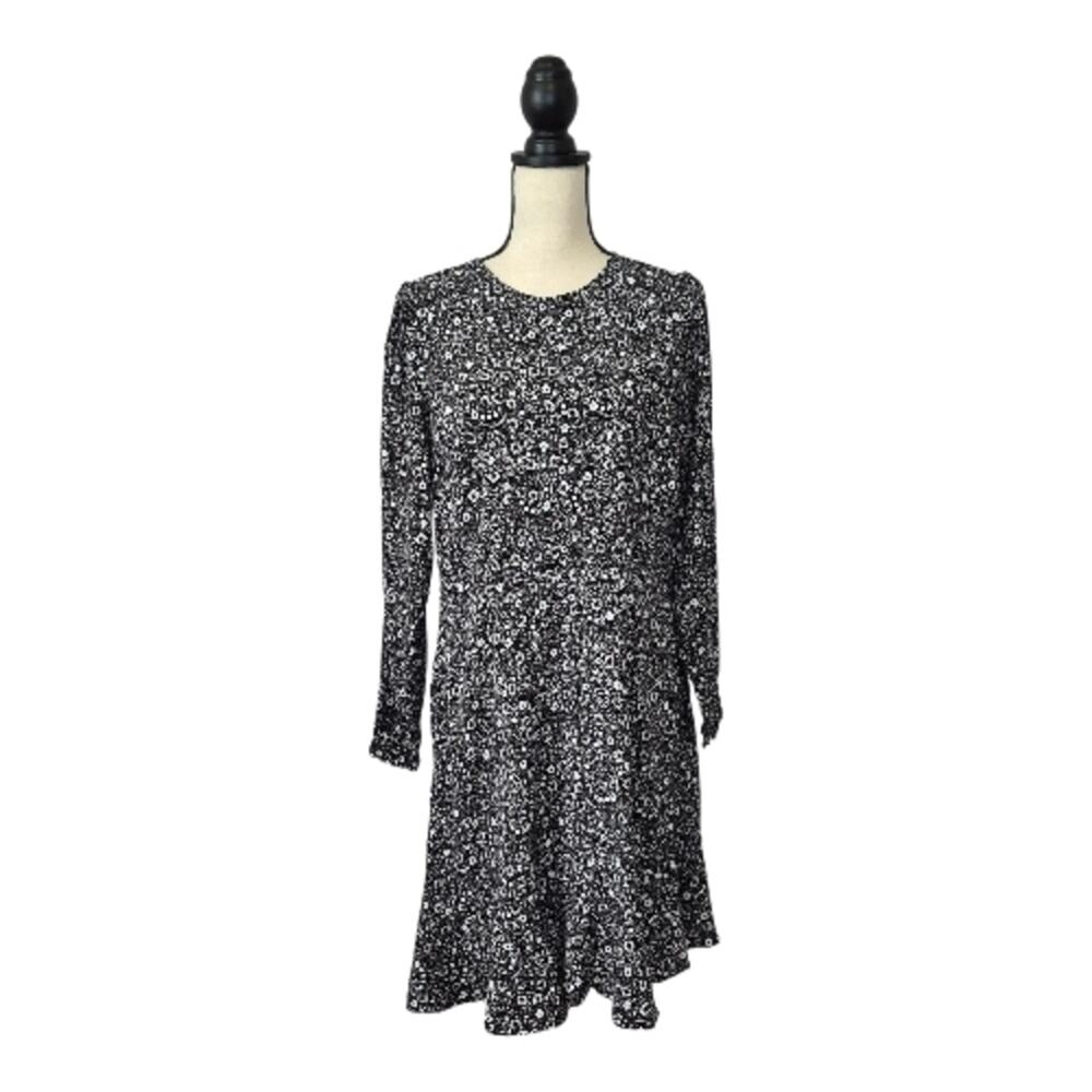 Boden Black Dotty Daisy Floral Long Sleeve Flippy Mini Skirt Flare Dress Sz 12 R